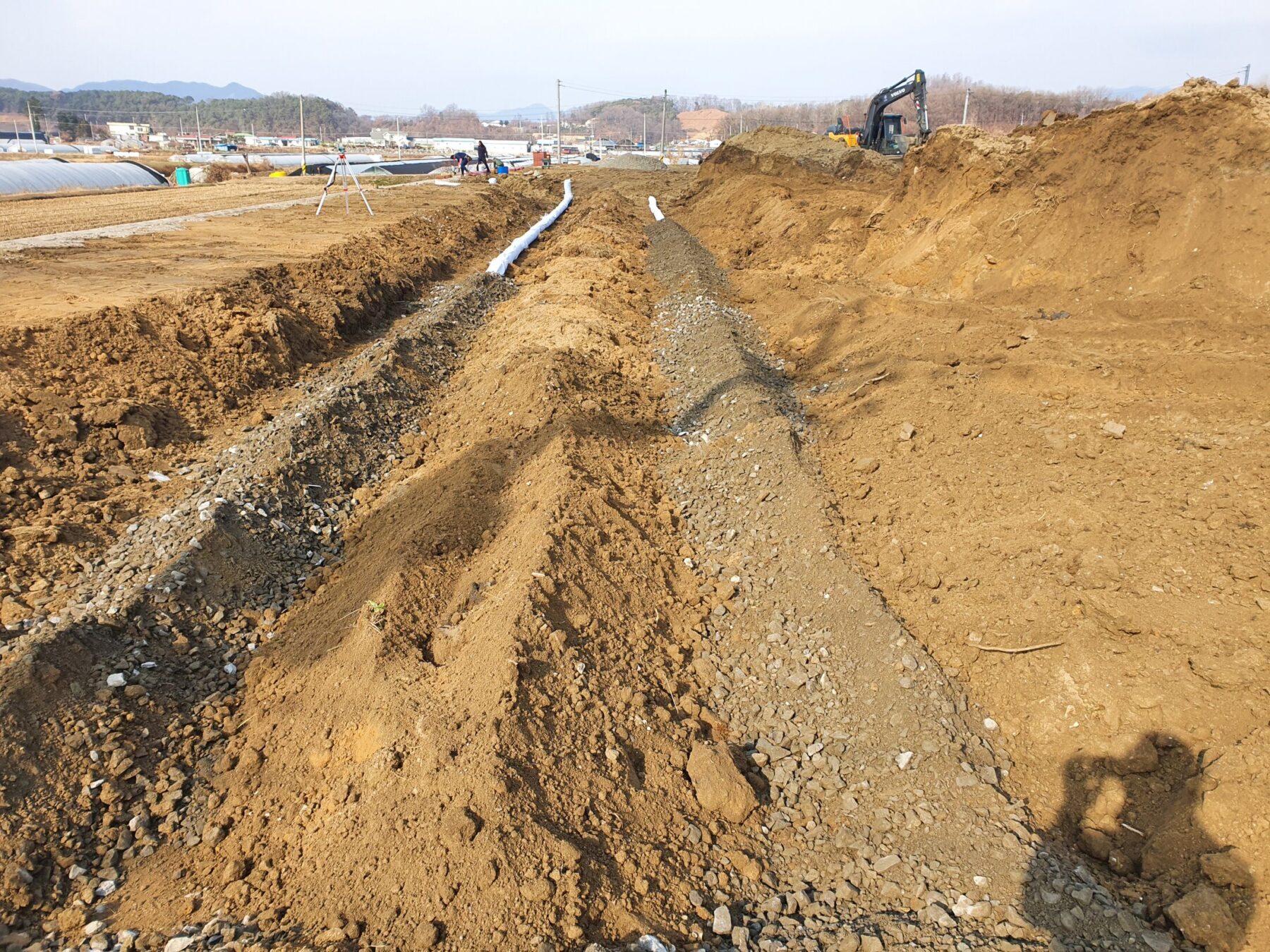 블루베리 식재열 하부에 설치한 다열 유공관과 골재 배수층