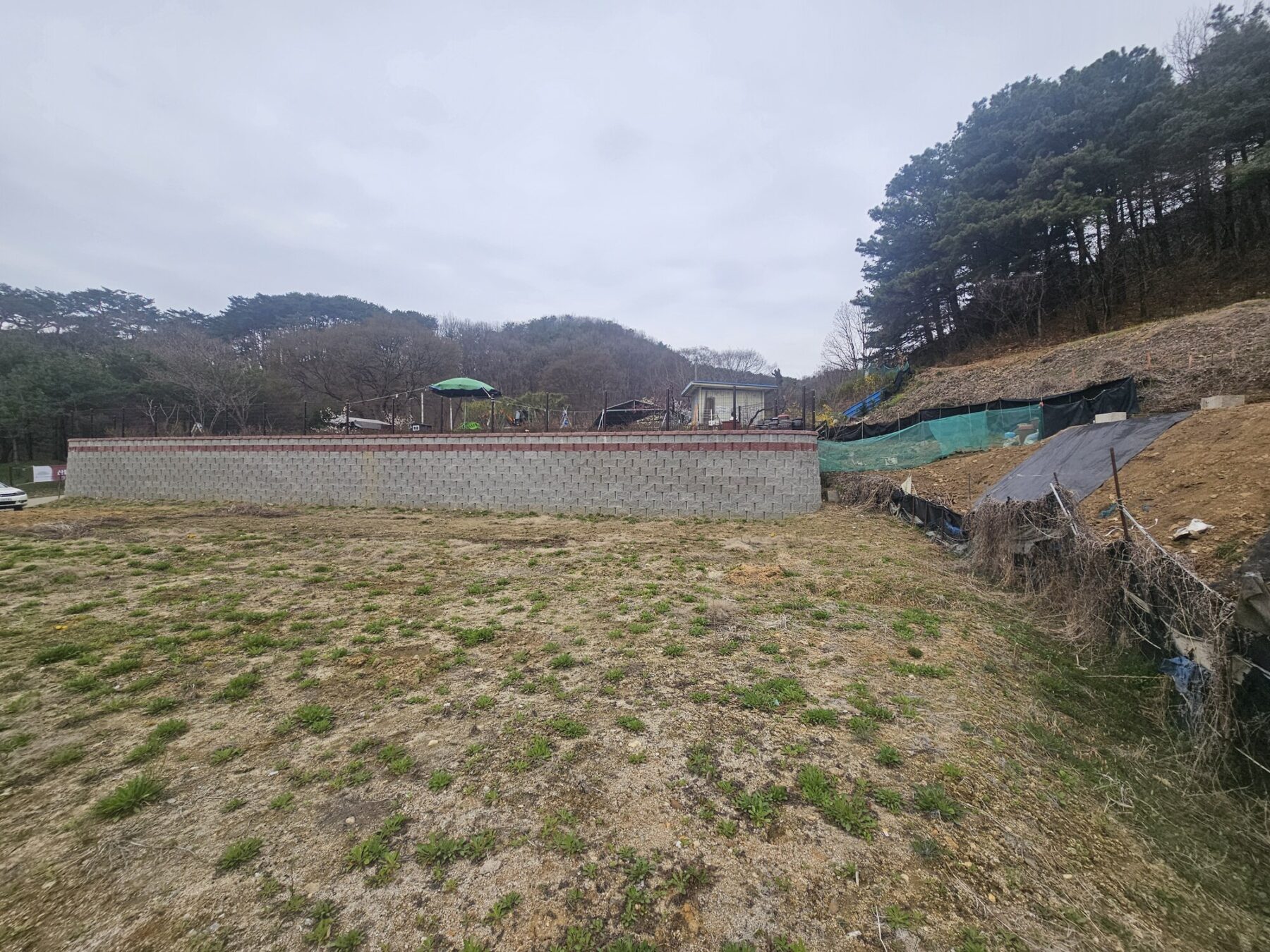 상부 부지에서 본 곡선형 보강토 옹벽 전체 전경